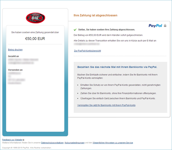 PayPal Seite von 2DIE4 Sports