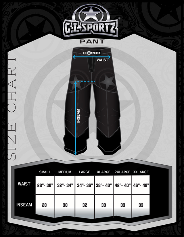 Größentabelle für G.I. Sportz Glide Ultralite Performance Pants Paintball Hose